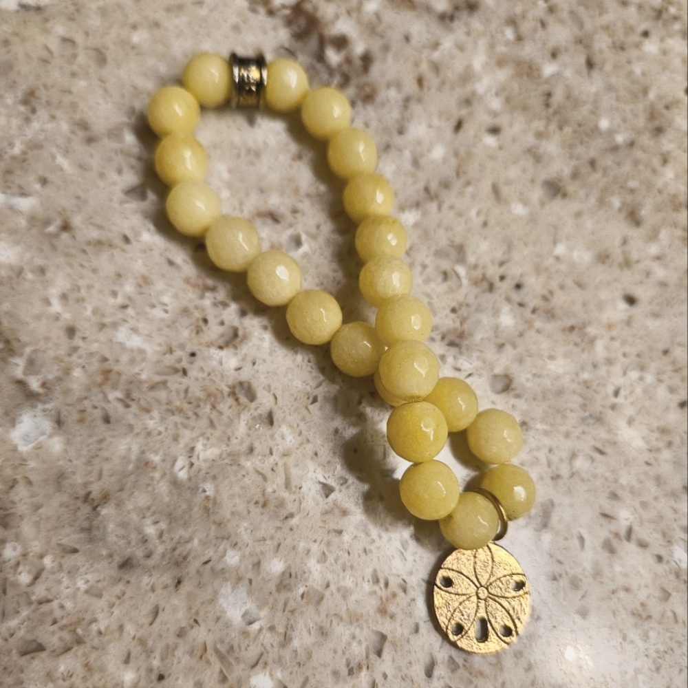 Sand Dollar Charm, Yellow stone bead stretchy bracelet